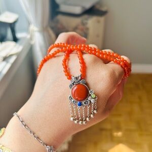 Elegant Silver and Red Beaded Necklace